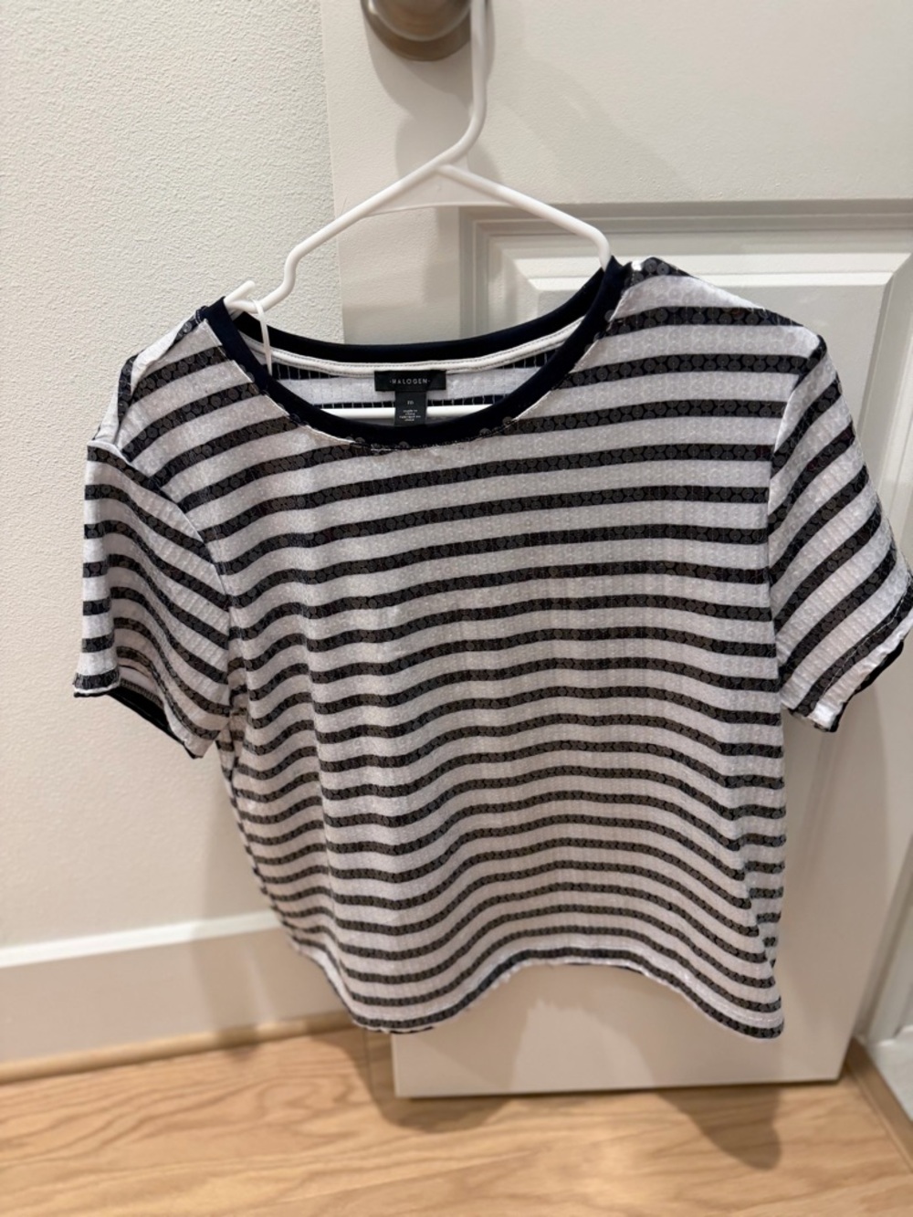 Halogen Navy and White Sequined Striped Short Sleeve Crew Tee